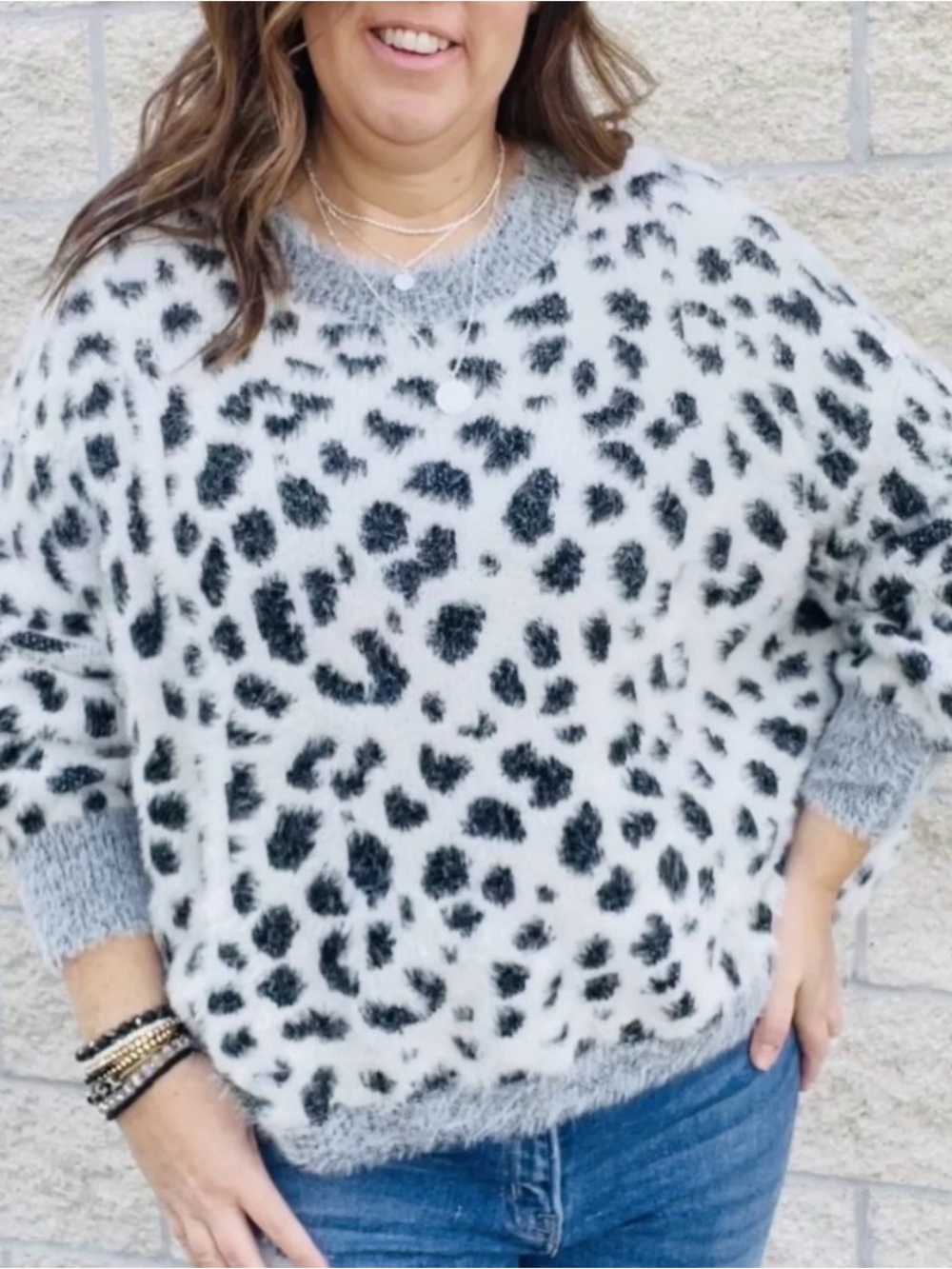 Andthewhy Ivory and Black Leopard Fuzzy Crewneck Sweater